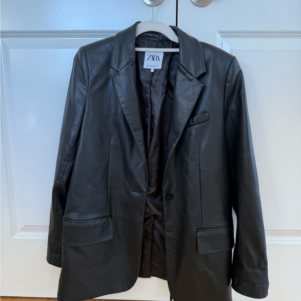 Zara Black Leather Blazer Jacket